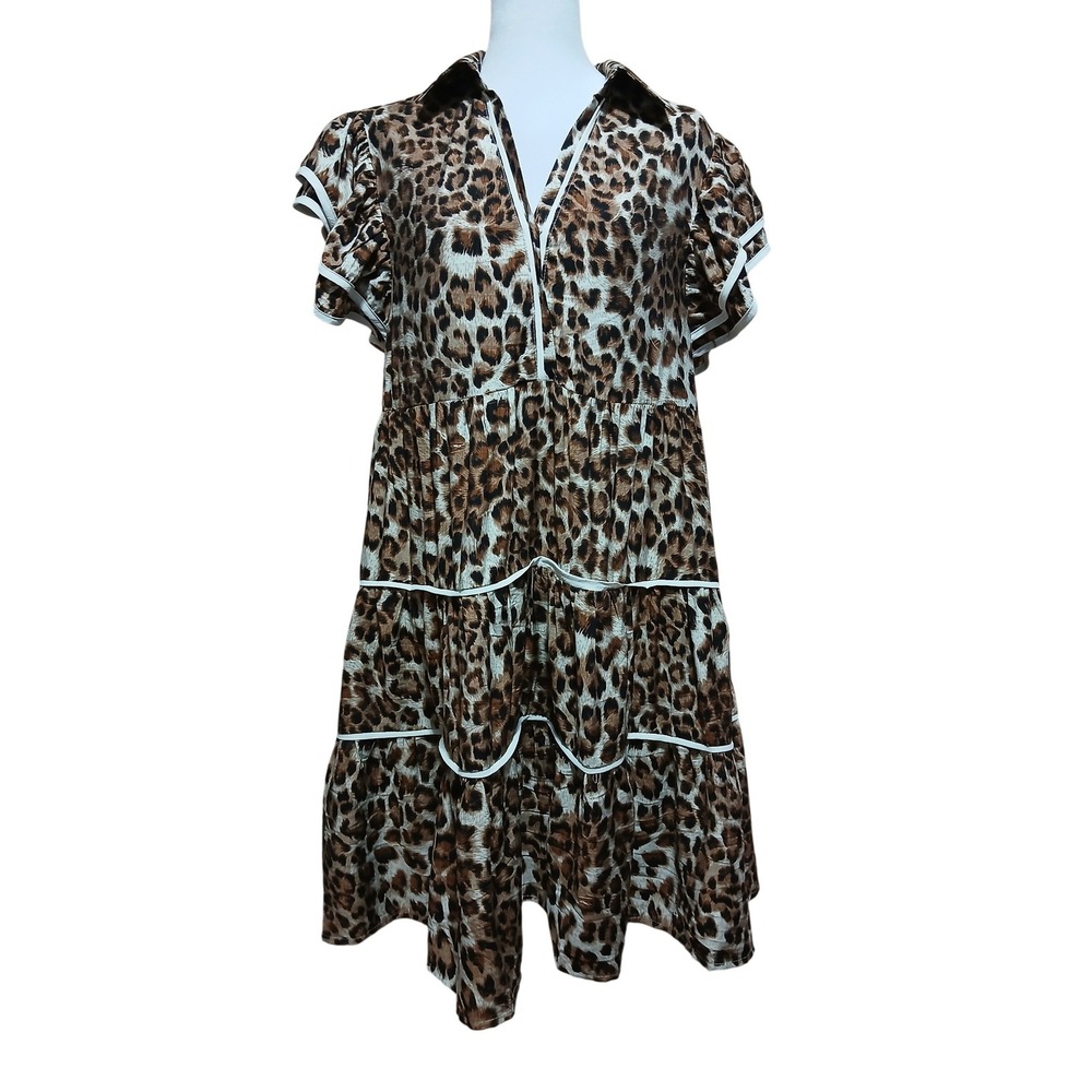 She + Sky Leopard Print Tiered Babydoll Mini Dress Ruffle Sleeve Brown White M - Picture 3 of 10